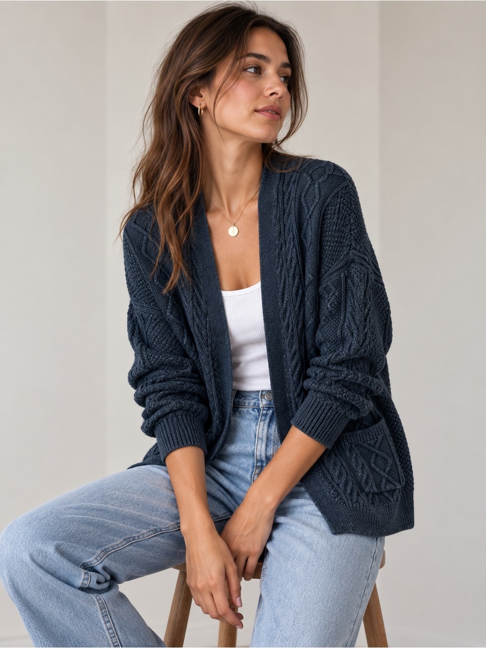 LA Hearts Washed Navy Cable Knit Cardigan XS/S 100% Cotton